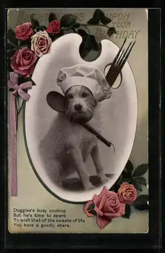Präge-AK Terrier mit Kochmütze- und Löffel in Farbpalette, Geburtstagsgruss, vermenschlichte Tiere