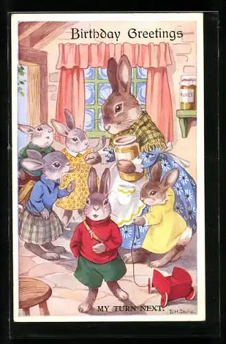 AK Häsin gibt Hasenkindern Honig, Geburtstagsgruss, vermenschlichte Tiere
