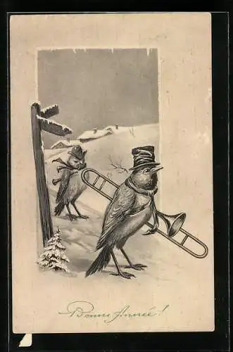 AK Zwei Vögel mit Blasinstrumenten am Wegweiser, Neujahrsgruss, vermenschlichte Tiere