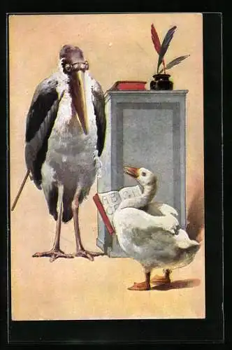 Künstler-AK Marabu als Lehrer und Gans als Schülerin
