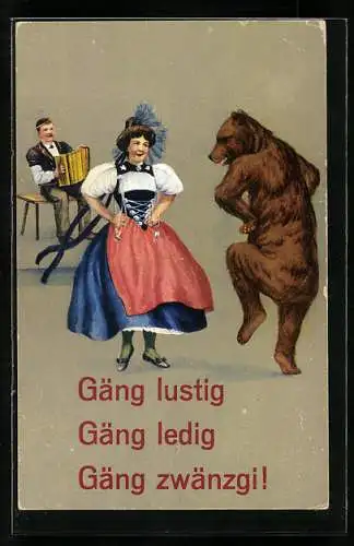 AK Bär tanzt mit einer Frau in Tracht, vermenschlichte Tiere