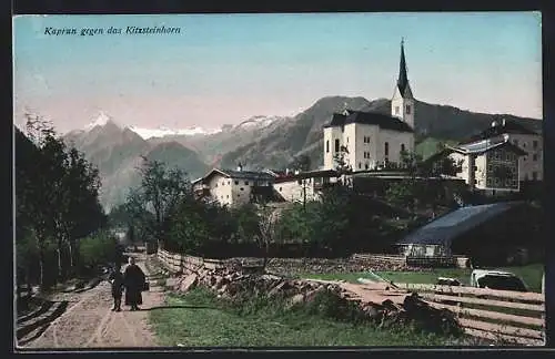 AK Kaprun, Ortspartie mit Kirche gegen das Kitzsteinhorn