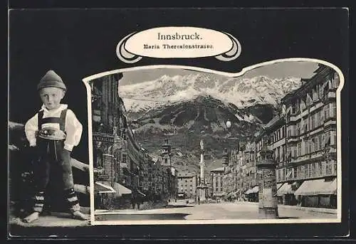 AK Innsbruck, Maria Theresienstrasse mit Denkmal, Junge in Tracht