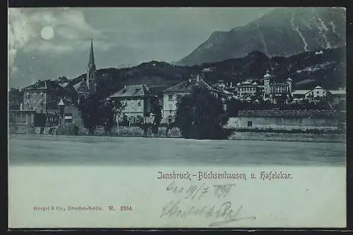 Mondschein-AK Innsbruck-Büchsenhausen, Teilansicht mit Kirche und Hafelekar