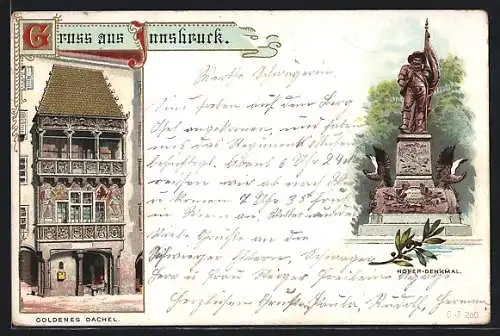 Lithographie Innsbruck, Gasthaus Goldenes Dachl, Hofer-Denkmal