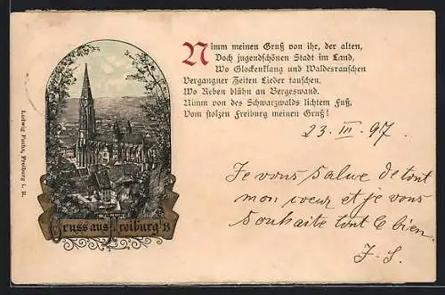 Lithographie Freiburg i. B., Das Münster vom Berg aus