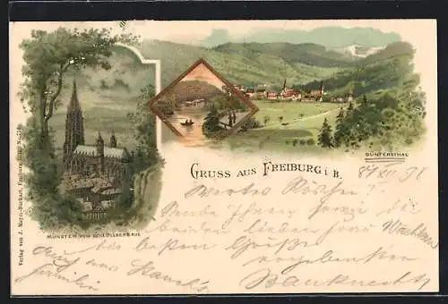 Lithographie Freiburg / Breisgau, Münster vom Schlossberg aus gesehen, Güntersthal