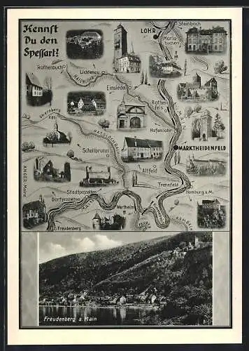AK Freudenberg a. Main, Panorama & Landkarte mit Lohr, Schollbrunn & Kembach