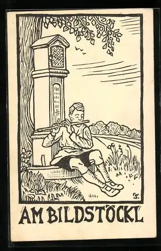 Künstler-AK Jüngling spielt Querflöte am Bildstock