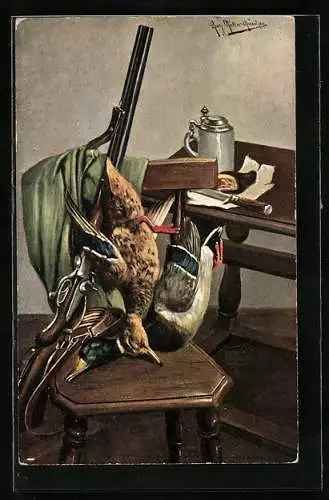 Künstler-AK August Müller - München: Erbeutete Wildenten mit Gewehr auf dem Stuhl