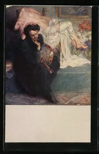 AK Aktmodell legt seinen Arm auf den Kopf des Malers