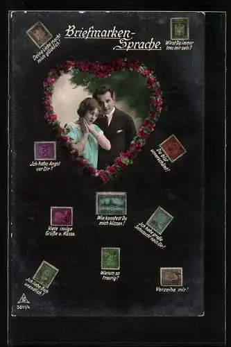AK Briefmarkensprache, Liebendes Paar in einem Herzen aus Rosen, Warum so traurig?, Verzeih mir!