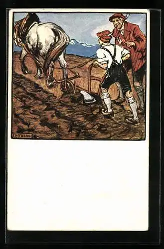 AK Bauer mit einem Pferdepflug