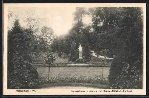 AK Münster i. W., Kreuzschanze mit Annette von Droste-Hülshoff-Denkmal