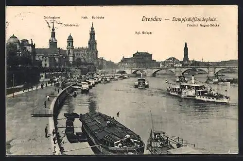 AK Dresden, Dampfschifflandeplatz mit Friedrich August-Brücke