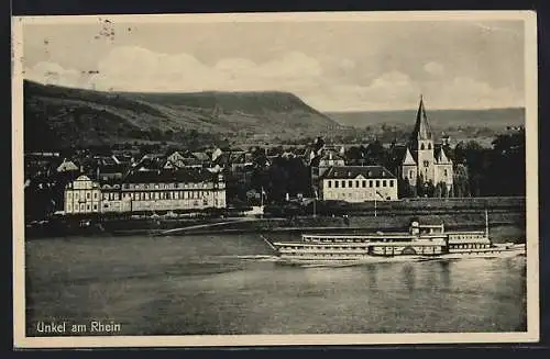 AK Unkel am Rhein, Flusspartie mit Dampfer