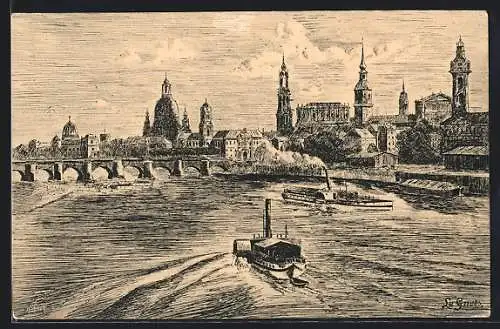 AK Dresden, Blick von der Marienbrücke, Dampfer