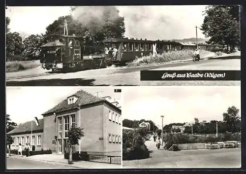 AK Baabe /Rügen, Ostseebad, Reichsbahn-Erholungsheim Ersnt Kamieth, Kleinbahn Rasender Roland, Strassenpartie