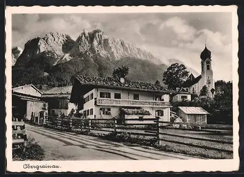 AK Obergrainau, Strassenpartie vor Bergpanorama