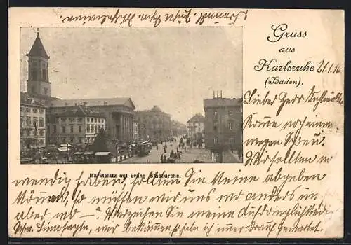AK Karlsruhe /Baden, Marktplatz mit Evang. Stadtkirche