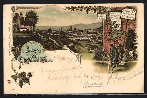 Lithographie Freiburg / Breisgau, Teilansicht mit Kirche