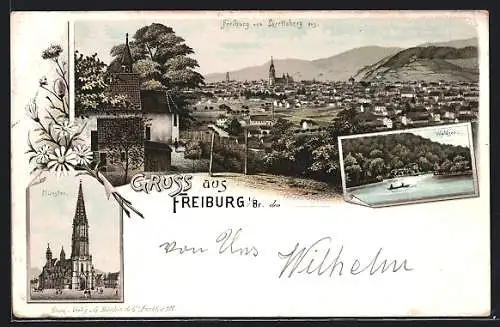 Lithographie Freiburg / Breisgau, Ortsansicht, Waldsee, Münster
