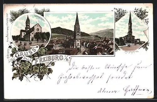 Lithographie Freiburg / Breisgau, Ludwigskirche, Christuskirche