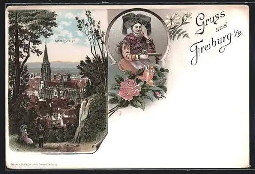 Lithographie Freiburg / Breisgau, Blick zum Münster, Markgräflerin
