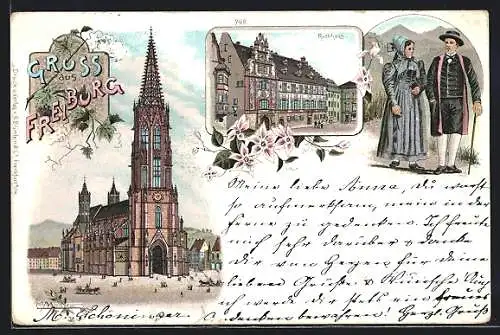 Lithographie Freiburg / Breisgau, Münster, Rathaus, Paar in Schwarzwälder Tracht