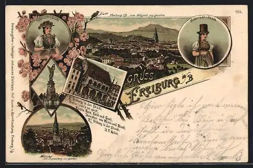 Lithographie Freiburg / Breisgau, Münster vom Schlossberg aus gesehen, Panorama, Frauen in Volkstracht
