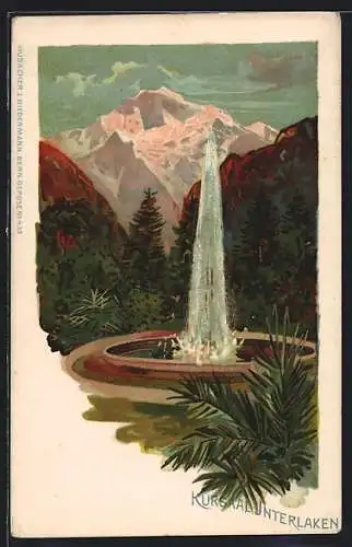 Lithographie Interlaken, Brunnen vor Berglandschaft