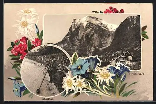 Passepartout-AK Grindelwald, Alphornbläser und Haus vor Berghintergrund