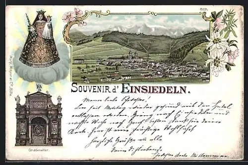 Lithographie Einsiedeln, Ortsansicht mit Gnadenaltar