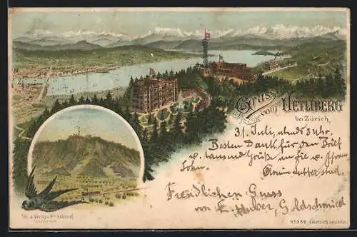 Lithographie Zürich, Gruss vom Uetliberg, Restauration-Hotel mit Schweizer Fahnen