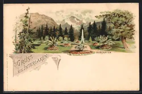 Lithographie Interlaken, Kurgarten mit Bergkulisse