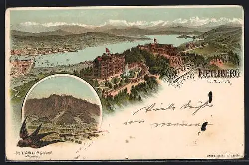 Lithographie Zürich, Gruss vom Uetliberg, Restauration-Hotel mit Schweizer Fahnen