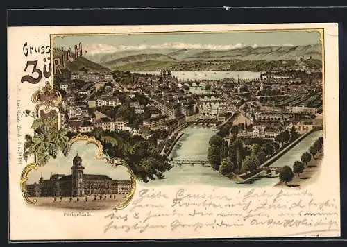 Lithographie Zürich, Teilansicht mit Brücken, Postgebäude