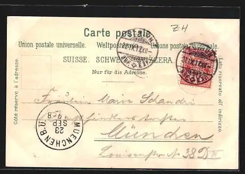 Lithographie Zürich, Teilansicht mit Brücken, Postgebäude