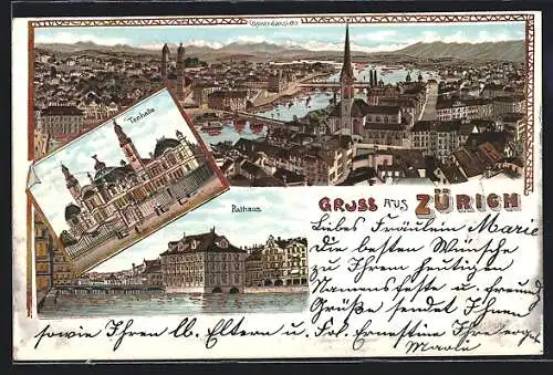Lithographie Zürich, Generalansicht, Tonhalle, Rathaus