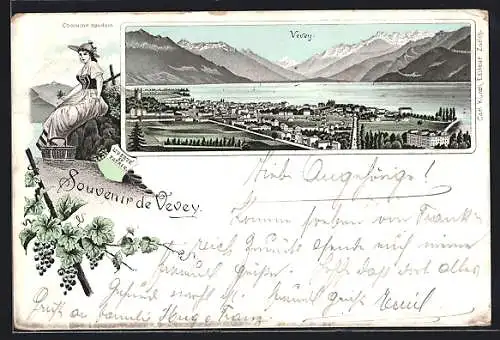 Lithographie Vevey, Panorama mit Ort, See und Gebirge, Costume vaudois