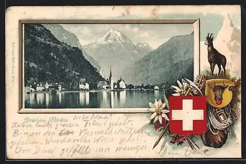 Präge-AK Flüelen, Uferpartie mit Kirche, Gams und Wappen, Passepartout