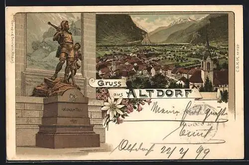 Lithographie Altdorf, Wilhelm Tell Denkmal, Totale mit Kirche