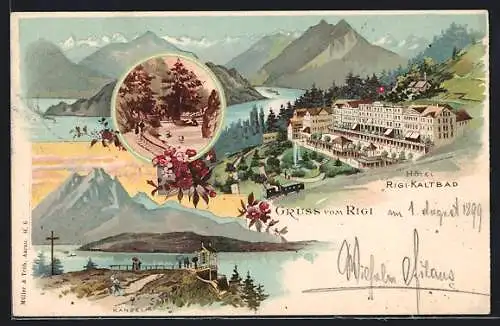 Lithographie Rigi, Hotel Rigi-Kaltbad, Känzeli, Ortspartie