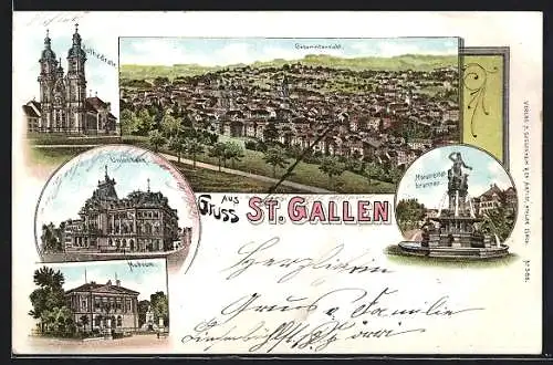 Lithographie St. Gallen, Unionbank, Museum, Monumental-Brunnen, Kathedrale, Panorama um 1900