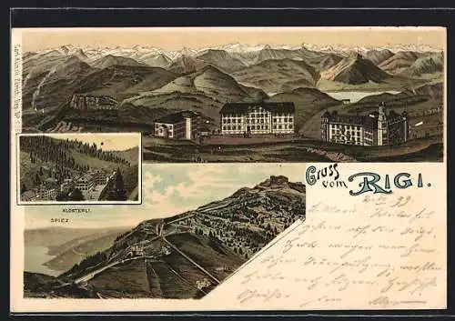 Lithographie Rigi, Partie von Klösterli, Panorama mit Spiez