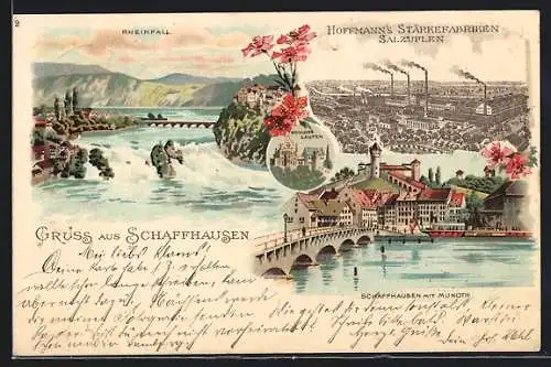 Lithographie Schaffhausen, Rheinfall, Munoth, Schloss Laufen