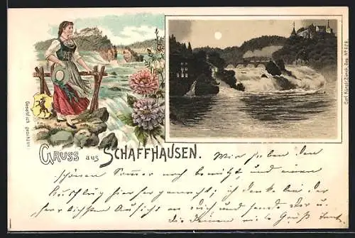 Lithographie Schaffhausen, Rheinfall bei Mondschein, Frau in Tracht
