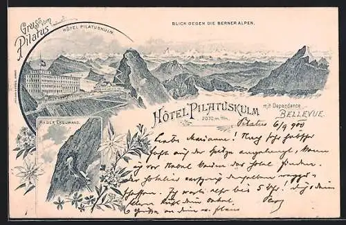 Lithographie Pilatus, Hotel Pilatuskulm, Bergbahn an der Eselwand, Blick gegen Berneralpen