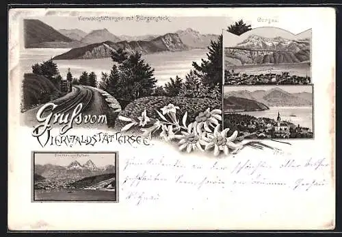 Lithographie Gersau, Panoramaansicht, Vierwaldstätter See mit Bürgensteck
