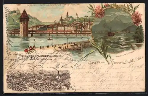 Lithographie Luzern /Vierwaldstättersee, Teilansicht mit Kappelbrücke & Wasserturm, Salzuflen, Hoffmann`s Stärkefabriken